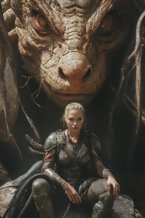 Full body shot, realism, film grain, candid camera, color graded film, eye spotlight, atmospheric lighting, skin pores, blemishes, nature, shallow depth of field, draws focus to a female warrior being seated in front of a large dragon's head. The dragon's face is adorned with brown and gray feathers, and its eyes are glowing with orange. The warrior is dressed in a gray and green outfit, adorned with a red necklace, and a matching bracelet. She is holding a shield in her right hand, and her left hand is resting on her hip. Her hair is blonde, and she has a serious expression on her face. The backdrop of the scene is dark, and the dragon's wings are a mix of brown, orange, and green,cctv footage of a horror monster,l4r4cr0ft