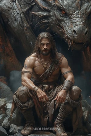 a medium-sized statue of a man with long brown hair is seated on a rock formation. The man is adorned with a necklace, a bracelet, and a pair of gray boots. His hands are positioned on either side of his body, while his right hand rests on his hip. The statue is positioned in front of a large dragon, its wings spread out behind him. The dragon's head is encircled by its wings, adding a touch of power to the scene. The background is a mix of gray and brown rocks, with a rough texture. At the bottom of the image, the word "VISUALDREAMS.ART" is written in white letters.