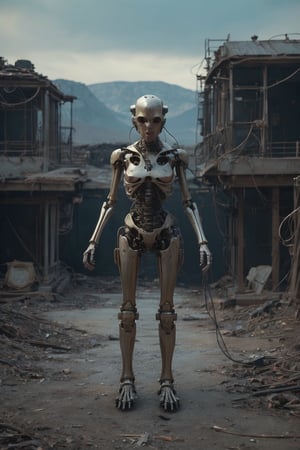 A highly realistic, horizontal photograph of a 2-meter tall organomachine creature on a barren, lifeless planet. The creature has a humanoid shape, with a robust biological core covered by a metallic exoskeleton. It has modular limbs that incorporate various robotic parts, including arms and legs with mechanical actuators and biological muscles. The head is protected by a metal helmet, featuring multiple bionic eyes and sensors. The skin is pale and partially covered by metal plates of various colors and textures. The creature is shown in a desolate, rocky landscape, scavenging for robotic parts and energy sources. The environment is harsh and devoid of life, emphasizing the advanced and adaptive nature of the organomachine. Ultra-detailed, 8k resolution, photorealistic, cinematic lighting, dramatic scene