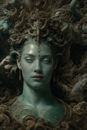 Perseus holding up Medusa's head in front of the sea monster, causing it to instantly turn into a crumbling green stone statue.
,cf,renaissance,Fantasy,FFIXBG