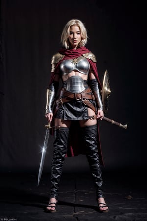 (full body image), masterpiece, best quality, 8k, highly detailed, ultra-detailed textures, atmospheric perspective, sharp focus, studio lighting, professional, bokeh, 1girl, 24 years old, female warrior, captain, solo, tall, 168 cm tall, weight 60 kg, perfect body proportions, looking at the viewer, miniskirt, blond hair, standing, holding a sword in the right hand and a shield in the left hand, long hair, belt, cloak, armor, sandals, pauldrons, sheath , shield, breastplate, red cloak, scabbard, shield, gladiator sandals, long sword, surrounded by a group of armored warriors, in front of the castle gate,