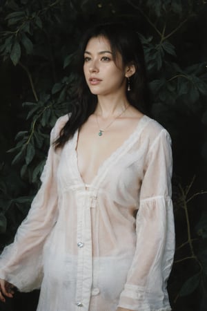 A woman standing in a field of tall grass and flowers with a gothic style and a smile. She has long, wavy dark hair blowing in the wind and light makeup with a hint of dark lipstick. She is wearing a sheer black blouse with intricate lace details and a deep V-neck, paired with high-waisted dark pants. She is adorned with dangling earrings and layered silver necklaces. The scene has a soft, warm glow with a blurred background, highlighting the woman's serene and elegant presence amidst the natural surroundings. A dreamy dimensional drifter floats ethereally in a watercolor painting, their form indistinct yet mesmerizing. The image is a vivid and surreal depiction, blending shades of pastel blues, pinks, and greens to create an otherworldly atmosphere. The drifter's flowing robes trail behind them like wisps of smoke, adding a sense of movement to the serene scene. The artist's skill is evident in the delicate brushstrokes and subtle blending of colors, resulting in a truly captivating