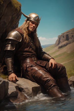 A medium shot shows a young Viking warrior, whose handsome face stands out. His long braids hang down from his back, his expression is resolute, and his face is painted with Viking black war paint, making him look even more majestic. Her long dark golden hair was blown by the wind, and her hazel eyes seemed to contain ferocious inner strength. The focus still stayed on his extremely realistic face, his light blue eyes looking at the splashing waves, shining with a quiet light. Wearing a ragged tunica made of burlap, he sat proudly on the rocks at the edge of the cliff, a Viking helmet lying beside him a testament to his indomitable spirit, captured by Ms. Schiffer's professional camera.,perfect