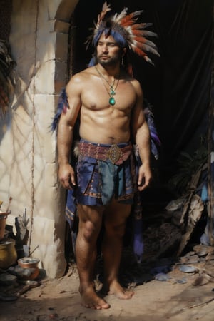 solo, 1boy, jewelry, standing, full body, male focus, barefoot, dark skin, necklace, facial hair, dark-skinned male, feathers, headdress, tribal, native american, perfect light, masterpiece, nodf_lora