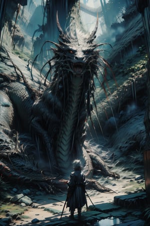 Feature, concept art by Antonio Manzanedo, depicting a majestic long-necked dragon awakened by a clueless expedition in a dark lava cave. The dragon's big angry eyes glared at the surroundings, and its wild roar echoed in the cave. The scene is illuminated by glowing lava, highlighting the dragon's intricate scales and furious expression. The expedition team members were fully armed and prepared, standing ready for battle with tense and firm postures. The composition captures the dramatic confrontation, with the majesty of the dragon dominating the foreground.