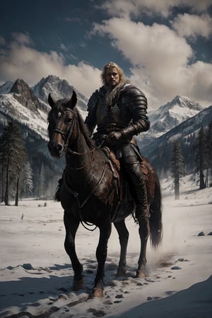 In a forest of dead trees with heavy snowfall, a heroic medieval warrior is riding on horseback and walking in the snow. He wears weathered armor decorated with complicated metal royal emblems. His eyes are full of wisdom. His blond hair was fluttering in the wind, and his handsome face was hard and unyielding. With a regal bearing, he awaits his enemy in an early morning duel, with the vast mountains in the background and the cross of St. André flying. Cinema lighting, dynamic shadows, hyper reality,nodf_lora