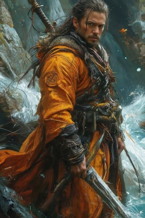 A majestic figure stands at the water's edge, beard flowing in the gentle breeze. Dark hair cascades down his back as he wears an ornate orange coat with a fur-lined hood, adorned with black gloves. His right hand grasps a large sword, while his left rests on its hilt. The man's right arm drapes over his left shoulder, contrasting with the serene surroundings. A kaleidoscope of green, blue, and white hues blend in the background, providing a striking backdrop for this enigmatic sailor.