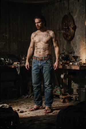 full body shot, realistic, film grain, candid, color graded film, eye spotlight, atmospheric lighting, skin pores, blemishes, natural, shallow depth of field, shallow depth of field draws focus, solo, 1boy, handheld, standing, full body, blacksmith, male focus , tattoo, beard, sandals, beard, hammer