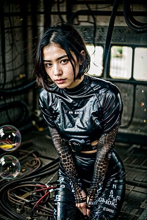 score_9, score_8_up, score_7_up, 1girl inside stasis tank, (stasis tank:1.1), facing viewer, Alita Battle Angel, cybernetic arm, android, floating, knees up, bubbles, tube, cable, science fiction, body suit, cybernetics, hugging own legs,