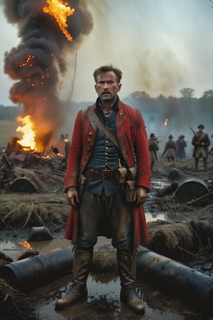 Martyr's Fury: A full-body shot of Martin, a widowed farmer, standing defiantly in a dimly lit, muddy battlefield, illuminated by flickering torches and the faint glow of cannons. His worn leather shoes are stained with dirt and blood as he gazes resolutely into the distance, his expression a mix of determination and anguish. The saturated colors (0.4) pop against the muted tones of the war-torn landscape, while the increased contrast (0.4) accentuates the rugged terrain. A hint of brightness (0.2) highlights Martin's face, emphasizing his emotional turmoil. Sharpness (0.3) enhances the textures of his worn clothing and the battle-scarred environment, drawing the viewer into the chaos. In the background, a sea of red-coated British soldiers clashes with the Continental Army, as Martin's thoughts are consumed by the brutal attack on his family and his son's idealistic dreams of revolution.