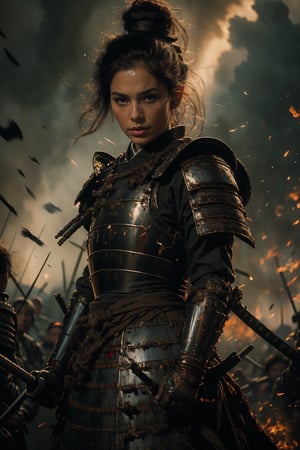 physically-based rendering, portrait, ultra-fine painting, extreme detail description, Akira Kurosawa's movie-style poster features a full-body shot of a 28-year-old girl, embodying the samurai spirit of Japan's Warring States Period, An enigmatic female samurai warrior, clad in ornate armor and wielding a gleaming katana, This striking depiction, seemingly bursting with unspoken power, illustrates a fierce and formidable female warrior in the midst of battle. The image, likely a detailed painting, showcases the intensity of the female samurai's gaze and the intricate craftsmanship of his armor. Each intricately depicted detail mesmerizes the viewer, immersing them in the extraordinary skill and artistry captured in this remarkable piece.,realistic,nodf_lora,masterpiece
