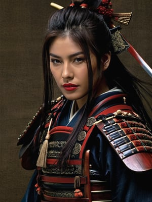 Akira Kurosawa's movie-style poster features a full-body shot of a 28-year-old girl, embodying the samurai spirit of Japan's Warring States Period, An enigmatic female samurai warrior, clad in ornate armor and wielding a gleaming katana, This striking depiction, seemingly bursting with unspoken power, illustrates a fierce and formidable female warrior in the midst of battle. The image, likely a detailed painting, showcases the intensity of the female samurai's gaze and the intricate craftsmanship of his armor. Each intricately depicted detail mesmerizes the viewer, immersing them in the extraordinary skill and artistry captured in this remarkable piece, realistic, nodf_lora, masterpiece, A Traditional Japanese Art,Ukiyo-e