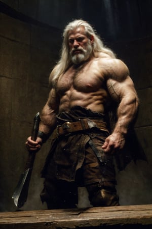the clear lines look, full body shot, realism, film grain, candid camera, color graded film, eye spotlight, atmospheric lighting, skin pores, blemishes, nature, shallow depth of field, shallow depth of field draws focus to1 veteran warrior, solo, long hair, white hair, standing, full body, weapon, male focus, boots, belt, right hand clutching a big battleaxe, armor, muscles, beard, pecs, muscular man, beard,