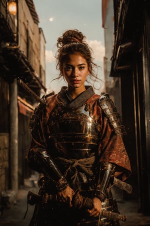 In a gritty, Akira Kurosawa-inspired poster, a 16-year-old bald samurai girl stands tall, her shaved head glistening with a subtle sheen. Brown eyes burn with intensity as she clutches a samurai sword, its curves mirroring the contours of her toned physique. Freckles scatter across her cheeks like constellations on a clear night. Behind her, the concrete cityscape stretches, its towering skyscrapers and neon lights a jarring contrast to the medieval armor adorning her body.

Samurai kimonos and belts cinch at her waist, heavy with the weight of tradition and battle-worn weapons glint in the dim light. Armor plates glimmer like polished obsidian, each intricate detail meticulously rendered to showcase the warrior woman's unyielding power. Her gaze pierces through the viewer, an unspoken challenge to behold her unwavering strength and artistry.,perfect split lighting