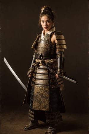 Akira Kurosawa's movie-style poster features a full-body shot of a 28-year-old girl, embodying the samurai spirit of Japan's Warring States Period, An enigmatic female samurai warrior, clad in ornate armor and wielding a gleaming katana, This striking depiction, seemingly bursting with unspoken power, illustrates a fierce and formidable female warrior in the midst of battle. The image, likely a detailed painting, showcases the intensity of the female samurai's gaze and the intricate craftsmanship of his armor. Each intricately depicted detail mesmerizes the viewer, immersing them in the extraordinary skill and artistry captured in this remarkable piece.,realistic,nodf_lora,masterpiece,Samurai girl,armor