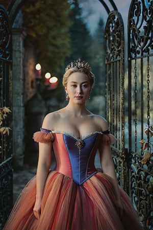  full body shot, looking at viewer, Realism, Film Grain, Candid Camera, Color Graded Film, Eye Spotlight, Atmospheric Lighting, Skin Pores, Blemishes, Nature, Shallow depth of field, draws focus to Catherine II as a lady of House Manderly and Queen of Westeros, 18 years old, a corset with a low-cut off-the-shoulder collar, a wide tutu - still, the French court,big breasts, deep v, House Manderly colors and aesthetic, royal, standing in the front of a gate,