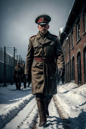 Highly detailed textures, Shallow depth of field, vivid colors, hotorealistic, RAW, 16K, Masterpiece, UHD, full body shot, sharp focus, professional, bokeh, ultra realistic, top dramatic lights, dynamic shadows, In the heavy snow, Soviet officers and soldiers marched into the Auschwitz concentration camp, In the background was a group of liberated prisoners, hungry and helpless,