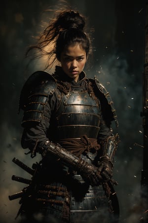Physical rendering, portraits, ultra-fine paintings, extremely detailed descriptions, Akira Kurosawa's movie-style posters, and full-body shots of a 28-year-old girl embody the samurai spirit of Japan's Warring States Period, with a mysterious female warrior wearing armor and waving a sparkling Seemingly bursting with wordless power, this striking depiction of the Katana Samurai depicts a ferocious and formidable female warrior in battle. The image demonstrates the intensity of the warrior woman's gaze and the intricate craftsmanship of the armor. Each intricately detailed depiction mesmerizes the viewer, immersing them in the extraordinary skill and artistry captured in this extraordinary piece, surreal, Vincent van Gogh style, FW Murano style, GALAXY full body armor , black smoke column, 135mm, detailed key vision, dark atmospheric effects, highly realistic epic ultra-wide-angle lens,