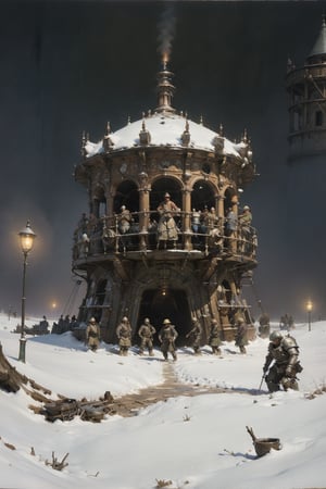 Jakub Rozalski's Historical Fantasy: In a snowy landscape, a massive, steam-powered automaton bears down on a group of soldiers, its gears and pistons lit by the eerie glow of dawn.