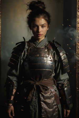 The clear lines look, physical renderings, portraits, ultra-fine paintings, extremely detailed descriptions, Akira Kurosawa's movie-style posters, and full-body shots of 18-year-old girls embody the samurai spirit of Japan's Warring States Period. The mysterious female samurai wears armor and has a belt around her waist. With a traditional long katana and a look full of silent power, this striking samurai painting depicts a ferocious and formidable female warrior in battle. This image demonstrates the intensity and power of the female warrior's gaze. The intricate craftsmanship of the armor, every intricate detail is depicted and the viewer is mesmerized by the extraordinary skill and artistry captured in this extraordinary piece, surreal, Vincent van Gogh style, FW Murano style, GALAXY full body A, black smoke column, 135mm, detailed key vision, dark atmospheric effects, highly realistic epic ultra-wide-angle lens,