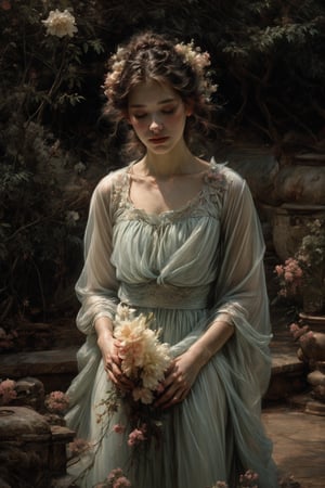 Ethereal Beauty in a Garden, digital art photograph, woman's face and body obscured by flowers, lace-trimmed garment, soft lighting, translucent fabrics, ethereal quality, dreamlike atmosphere, subtle colors, natural garden setting, Sally Mann-inspired style.