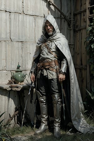 full body shot, solo, the clear lines look, 1boy, jewelry, standing, weapon, white hair, male focus, boots, belt, hood, cape, facial hair, grass, cloak, beard, arrow_(weapon), old man, quiver