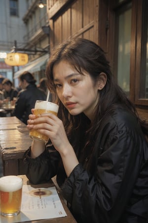 Pretty Japanese woman drinking beer at a road side cafe in Tokyo in the 1990s. Interesting composition and lighting. Narrative story telling. Melancholy mood. 35mm film street photography.,ChineseWatercolorPainting,nodf_lora, Canon EOS-1D, f/5. 6