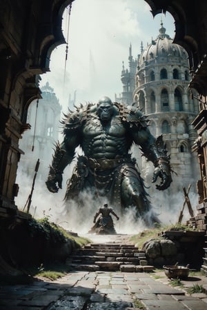 The image presents a scene from a fantasy setting. The central figure is a colossal, bipedal creature resembling a heavily armored, humanoid gorilla. Its body is covered in rusted plates and adorned with blue markings, suggesting a connection to a culture or society. The creature's face is fierce, with a pronounced brow and teeth visible, indicating its strength and ferocity. It stands on a rocky path leading towards an ancient, ruined structure that has multiple arches and appears to be of significant age. A group of smaller figures, possibly warriors or pilgrims, are seen approaching the creature, which could imply a ritualistic or ceremonial interaction. The overall atmosphere is one of awe and mystery, hinting at a story of ancient lore and mythical encounters.