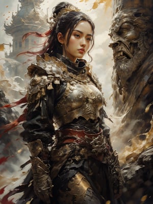 (Photorealistic, RAW, 16K, Masterpiece, UHD), full body, splash-ink tai chi illustration, yin yang illustration, Chinese Wuxia (real sexy Dilraba Dilmurat), ponytail, dramatic angle, looking_at_viewer,(fluttered detailed ink splashs), (illustration),(((1 girl))),(long hair), (Beautiful face), ,(rain:0.6),((expressionless ,Carmine hair ornament:1.4)),(There is a palace far away from the girl),chinese  clothes,((focus on the girl)), color Ink wash painting,(ink splashing),(Huaqing splashing),((colorful)),[sketch],best quality, beautifully painted,highly detailed,(denoising:0.7),[splash ink],yin yang, tai chi, perfect hand, perfect fingers, beautiful eyes,
,xuer Ancient golden armor, Dual Sword,Weapon,renaissance,oil painting