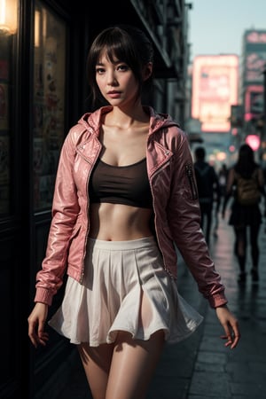 Masterpiece, Best quality, Photorealistic, Ultra-detailed, fine detail, high resolution, 8K wallpaper, arafed woman in a pink jacket and skirt posing for a picture, artwork in the style of guweiz, ross tran style, pink girl, guweiz, guweiz on artstation pixiv, guweiz on pixiv artstation, in the style of ross tran, trending on cgstation, cyberpunk anime girl, trending on artstation pixiv,realistic