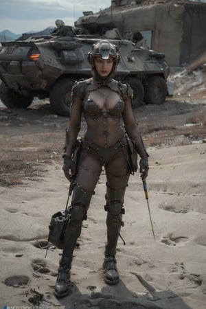 A cinematic photograph captures a majestic 2-meter tall organomachine creature standing amidst the desolate, rocky terrain of a barren planet. The humanoid figure boasts a robust biological core encased within a metallic exoskeleton, its modular limbs incorporating mechanical actuators and biological muscles. A metal helmet adorns the head, featuring multiple bionic eyes and sensors, while pale skin is partially covered by metal plates in various colors and textures. In this harsh environment devoid of life, the organomachine creature appears to be scavenging for robotic parts and energy sources. The 8K resolution photograph showcases ultra-detailed photorealism, with cinematic lighting accentuating the drama of the scene. The creature's athletic body shape and perfect proportions are highlighted, complete with notable features such as big breasts.,cutout dress,T-90M,BTR-80