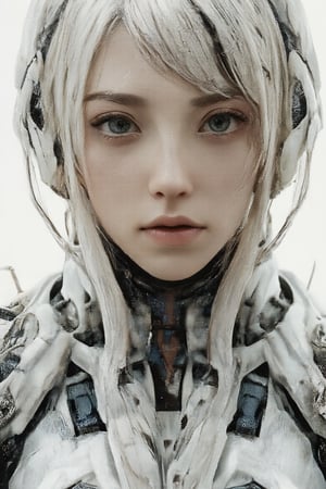 Captured in a low-angle, eye-level perspective, a woman with long, wavy blonde hair, dressed in a robot-like outfit, adorned with a helmet and headphones. The woman's eyes are a piercing blue, and her lips are a darker shade of blue. Her hair is cascading down her left shoulder, adding a pop of color to the otherwise chromatic scene. The background is a stark white, creating a stark contrast to the woman's outfit.