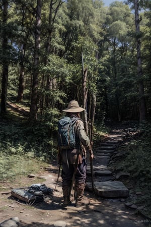 draw a hobbit adventurer posing on a forest path with spear in hand and wearing a small backpack with bedroll on top in line art fantasy drawing style