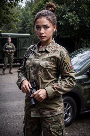 Shallow depth of field, vivid colors, photorealistic, RAW, 16K, Masterpiece, UHD, full body shot, sharp focus, professional, bokeh, French female army, messy bun, camo military fatigues, outdoor, barracks, loving gaze