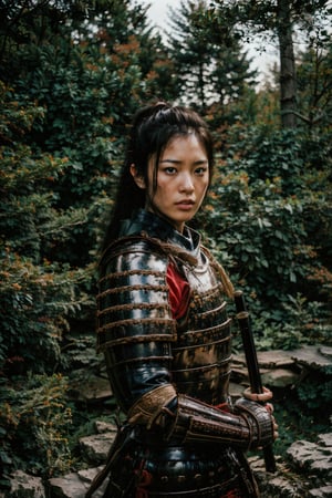 Full body shot, the clear lines look, outdoors, daytime, realism, film grain, candid camera, color graded film, eye spotlight, atmospheric lighting, skin pores, blemishes, nature, shallow depth of field, shallow depth of field draws focus to 1girl, weapon, female focus, ree sword, shoulder armor,  pauldrons, breastplate, japanese armor,japanese_garden_background