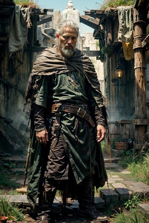 solo,  the clear lines look, 1boy, jewelry, standing, weapon, white hair, male focus, boots, belt, hood, cape, facial hair, grass, cloak, beard, arrow \(projectile\), old, old man, quiver