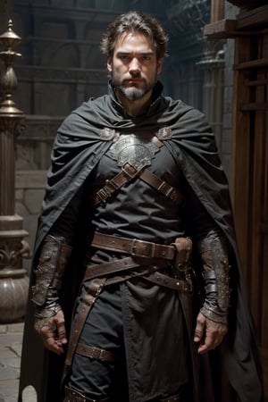 solo, looking at viewer, short hair, black hair, 1boy, standing, weapon, male focus, belt, sword, dark skin, cape, armor, facial hair, scar, sheath, beard, scar on face, brown gloves, sheathed, breastplate, chainmail