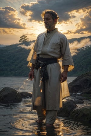 full body shot, a middle-aged man is bending water in mountain,  with long hair and beard, detailed face realistic, emotion expression, long_bangs, standing on water, storm water,  water slash, heavy waves, detailed hair, Japanese fashion, white linen uniform friar style, ancient pagoda, ancient round yard, high mountains and white clouds, is build above the clouds, Morning glow, sunrise, realistic environment, shining glow, 8k, best quality, top level, Focal length 85mm, Samsung MF 85mm f/1.4 WS Mk2, bokeh background, blurry_background, depth of field, yushui, water, Chocale Blues, 