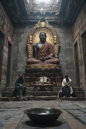 Captured at eye-level on a low-angle shot of a Buddha statue in an Asian temple. The statue is seated on a pedestal, adorned with a red robe and a gold belt. Its eyes are closed, and its mouth is slightly open. To the right of the Buddha statue, a man in a white robe is seated, holding a book in his hands. In front of him, a woman in a green robe is sitting on a rock, while a third man is seated. In the foreground of the frame, a black bowl is placed on the ground. The walls of the temple are made up of gray stone, and the ceiling is adorned with an intricate geometric design. The sun is shining through the ceiling, adding a touch of light to the scene.