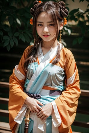 (full body shot), ((masterpiece)),((bestquality)),8k,highly detailed, ultra-detailed textuure, Atmospheric perspective, sharp focus, studio lighting, professional, bokdb, 1 Korea girl, 15yo, solo, make up, blush, smile, brown hair, bangs, detailed face,  high nose , pretty, realistic, beautiful hairstyle, realistic eyes, beautiful detailed eyes, (realistic skin), beautiful skin, big  breasts, brigt orange kimono,  beautiful decoration, kimono obi,  (purerosface_v1:0.2), (European preteen:1.5), (Japanese preteen:0.7),  slender, detailed bust, small hip, headband, (orange see-through  layered hanfu: 1.3), (buns: 1.4), (red bedroom: 1), (seeming from a distance: 0.3) , (model posing: 0.2), (sideways: 0.8), weapon, (holding a sword:1.2), elegant dynamic pose