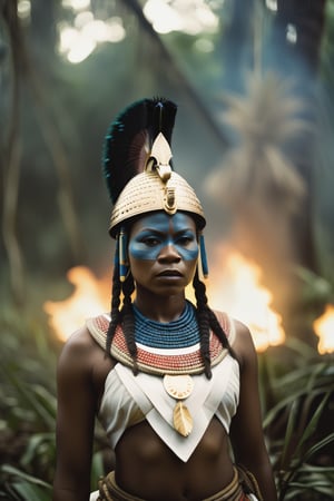 full body shot, realism, film grain, candid camera, color graded film, eye spotlight, atmospheric lighting, skin pores, blemishes, nature, shallow depth of field, surrealism, photographic art style, surreal world, the year is 1800s, female focus, The Dahomey Amazon Legion were an all-female warrior force that protected the West African kingdom of Dahomey in the 19th century under the powerful leader General Nanisca. Thrilling battle scenes combined with the poignancy of personal struggle and victory showcase Agoye's combat skills, strategic prowess and unwavering commitment to his people. provides a compelling narrative that pays homage to the legacy of these legendary warriors, Agoje clothing, perfect light