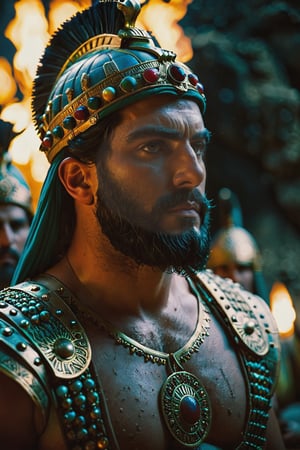 full body shot, Realism, Film Grain, Candid Camera, Color Graded Film, Eye Spotlight, Atmospheric Lighting, Skin Pores, Blemishes, Nature, Shallow depth of field, draws focus to King Xerxes' army in 480 BC. Craft a hyperrealistic scene that emphasizes the vastness and diversity of the Persian forces.

