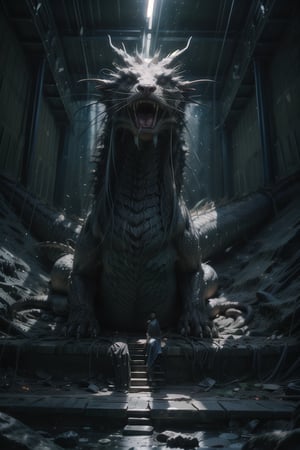 Concept art by Antonio Manzanedo, depicting a majestic dragon awakened by ignorant samurai in a detailed lava cave. The dragon's large, angry eyes glare at the surrounding warriors, its wild roars echoing through the cave. The scene is illuminated by the glowing lava, highlighting the intricate scales and menacing expression of the dragon. The samurai, armed and ready, stand in awe and fear, their poses tense and determined. The composition captures the dramatic confrontation, with the dragon's imposing presence dominating the foreground.