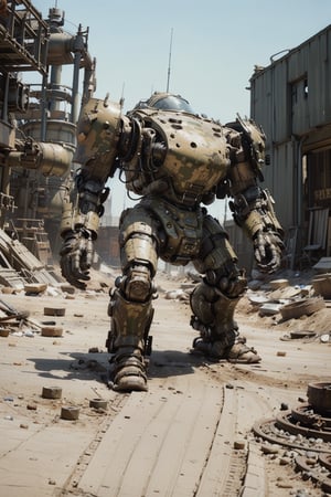 Image features a detailed, weathered, and heavily armored mech suit with a rugged, industrial design. The suit is predominantly a worn, olive-green color with visible rust and wear, giving it a battle-hardened appearance. It has a bulky, rounded structure with various mechanical components, including a large, cylindrical backpack, multiple exhaust pipes, and a prominent chest plate. The front of the suit displays white stenciled markings, including the characters 'AZ' and other symbols. The suit's surface is textured with scratches and dents, adding to its realistic, used look. The background is a plain, solid beige color, which contrasts with the intricate details of the mech suit.