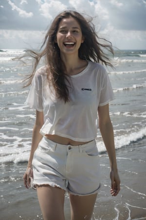 full body shot, outdoors, HDR photo, a woman walks in the surf at a beach, long brunette hair blowing in the wind, laughing at the viewer, water splashing, bright sunlight, wearing a white t-shirt, white shorts . High dynamic range, vivid, rich details, clear shadows and highlights, realistic, intense, enhanced contrast, highly detailed, Canon EOS-1D, f/5, fingers, hand, perfect