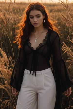A woman standing in a field of tall grass and flowers with a gothic style and a smile. She has long, wavy dark hair blowing in the wind and light makeup with a hint of dark lipstick. She is wearing a sheer black blouse with intricate lace details and a deep V-neck, paired with high-waisted dark pants. She is adorned with dangling earrings and layered silver necklaces. The scene has a soft, warm glow with a blurred background, highlighting the woman's serene and elegant presence amidst the natural surroundings. A dreamy dimensional drifter floats ethereally in a watercolor painting, their form indistinct yet mesmerizing. The image is a vivid and surreal depiction, blending shades of pastel blues, pinks, and greens to create an otherworldly atmosphere. The drifter's flowing robes trail behind them like wisps of smoke, adding a sense of movement to the serene scene. The artist's skill is evident in the delicate brushstrokes and subtle blending of colors, resulting in a truly captivating,perfect split lighting