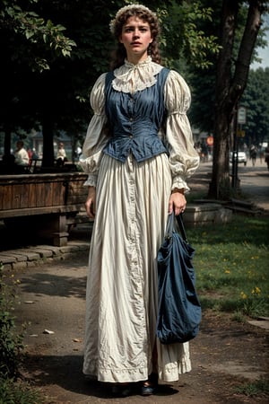 Full body shot, outdoors, realistic, film grain, candid camera, color graded film, eye spotlight, atmospheric lighting, skin pores, blemishes, nature, shallow depth of field, focus on Fashion in the 1890s in European and European-influenced countries is characterized by long elegant lines, tall collars, and the rise of sportswear. It was an era of great dress reforms led by the invention of the drop-frame safety bicycle, which allowed women the opportunity to ride bicycles more comfortably, and therefore, created the need for appropriate clothing. long photo 200 mm lens 1.8 canon r5 .