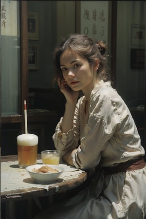 Pretty Japanese woman drinking beer at a road side cafe in Tokyo in the 1990s. Interesting composition and lighting. Narrative story telling. Melancholy mood. 35mm film street photography.,ChineseWatercolorPainting,nodf_lora, Canon EOS-1D, f/5. 6