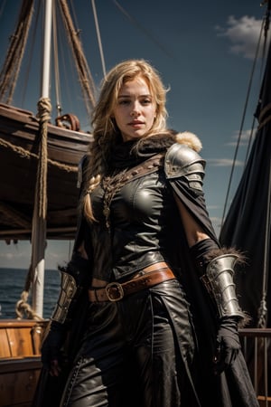 A mature blonde-haired woman, sporting a single braid and piercing blue eyes, stands confidently on the deck of a pirate ship. Her large breasts are showcased beneath her green armor and shoulder armor, while a fur cape flows behind her. She wears gloves and holds a sword firmly in one hand. The night sky above is a deep grey, with a forest background visible through the ship's mast. The dynamic angle captures her solo presence, exuding power and authority as she surveys her surroundings.,perfect split lighting