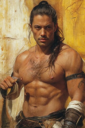 a medium-sized painting of a muscular man with long dark hair tied in a ponytail and a black mustache. He is holding a sword in his right hand, while his left arm is bent at the elbow. His right arm is wrapped in a black leather belt, and his left hand is wrapped around a silver belt. His left arm and arm are covered in a white cloth, adding a touch of texture to the scene. The backdrop is a pale yellow, with a rough texture, adding depth to the composition. The man's upper body is adorned with a black tattoo on his right arm, adding to the overall composition. A watermark in the bottom left corner of the image reads "@SIKEYSIPI".